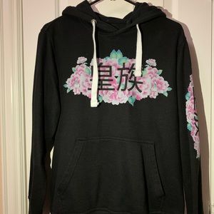 Black floral Chinese graphic hoodie